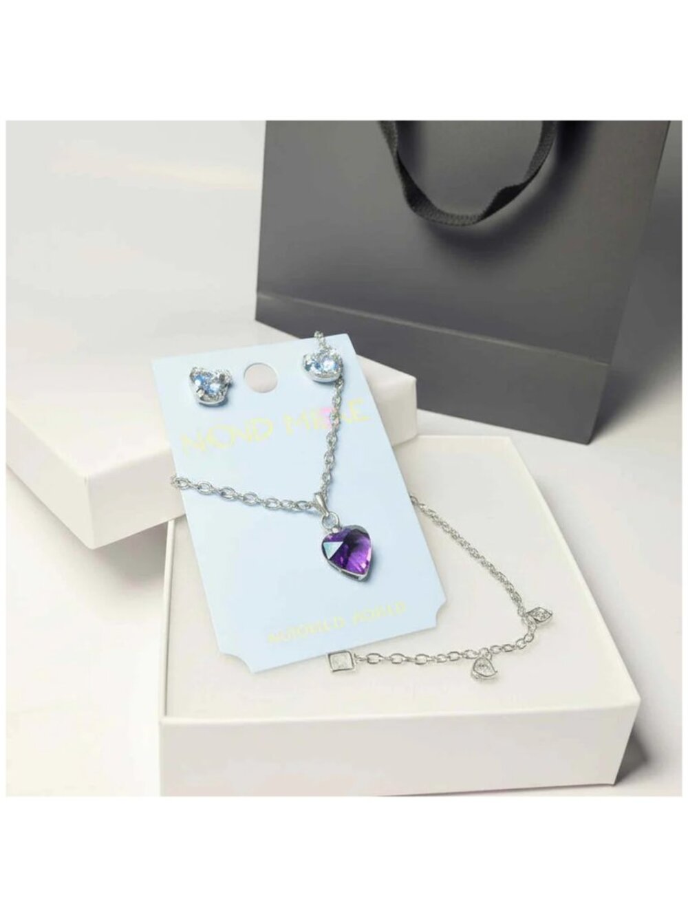 Purple Heart Necklace & Crystal Teddy Bear Earrings Gift Set